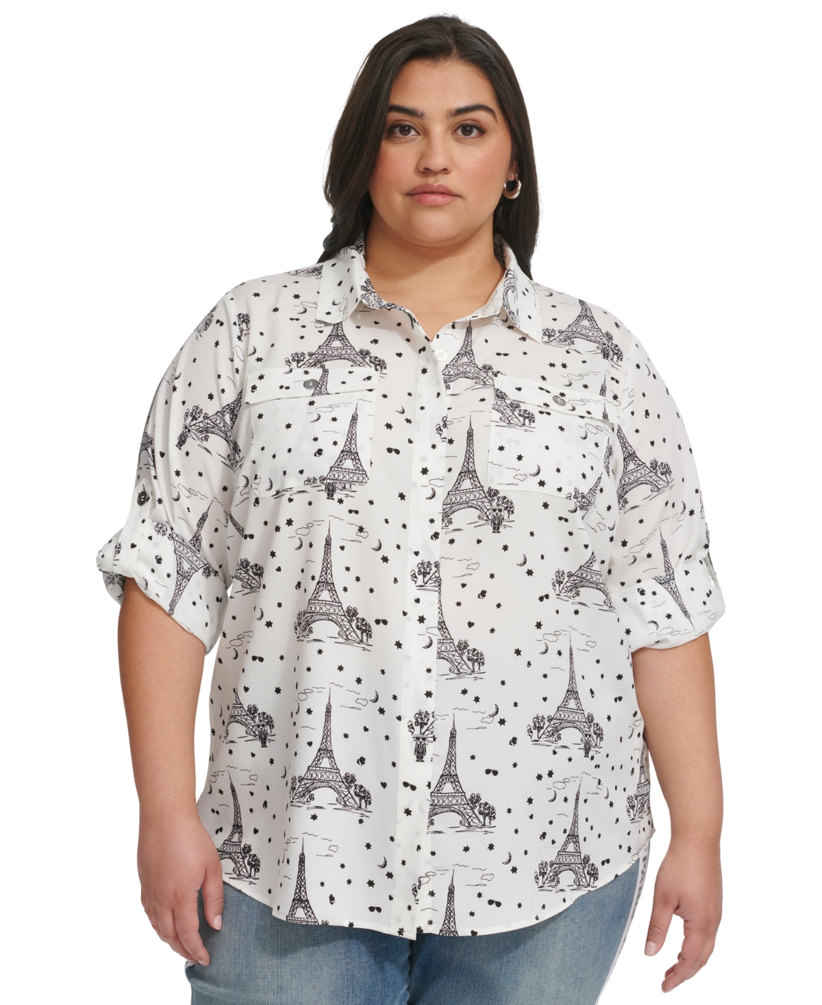 Shop Karl Lagerfeld Plus Size Whimsical Woven Shirt, First@macy's In Soft White Combo