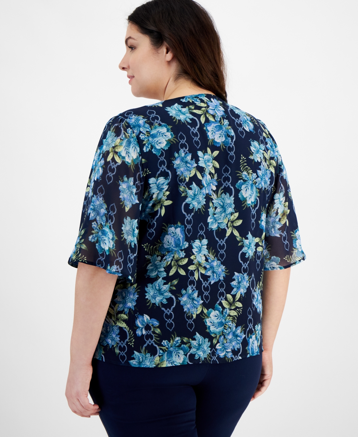 Jm Collection Plus Size Garden Lattice Flutter-Sleeve Top, Created for Macy's