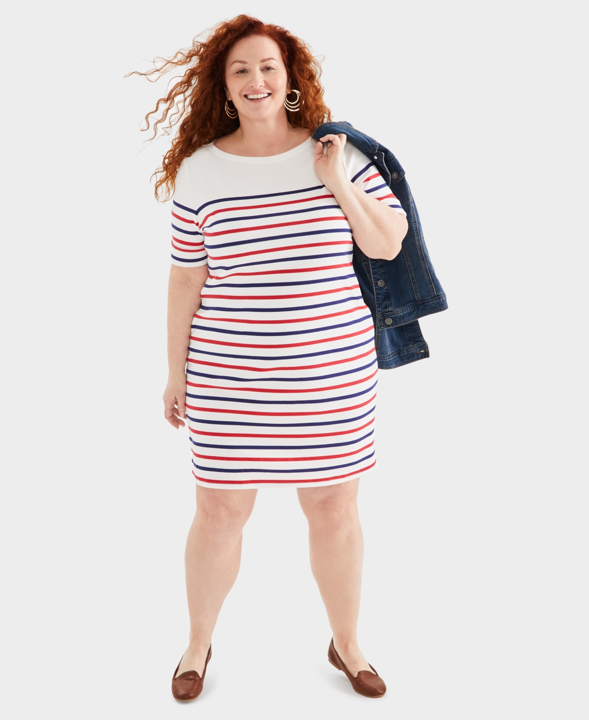 Shop Style & Co Plus Size Printed Boat-neck Dress, Created For Macy's In Nautral Shitake