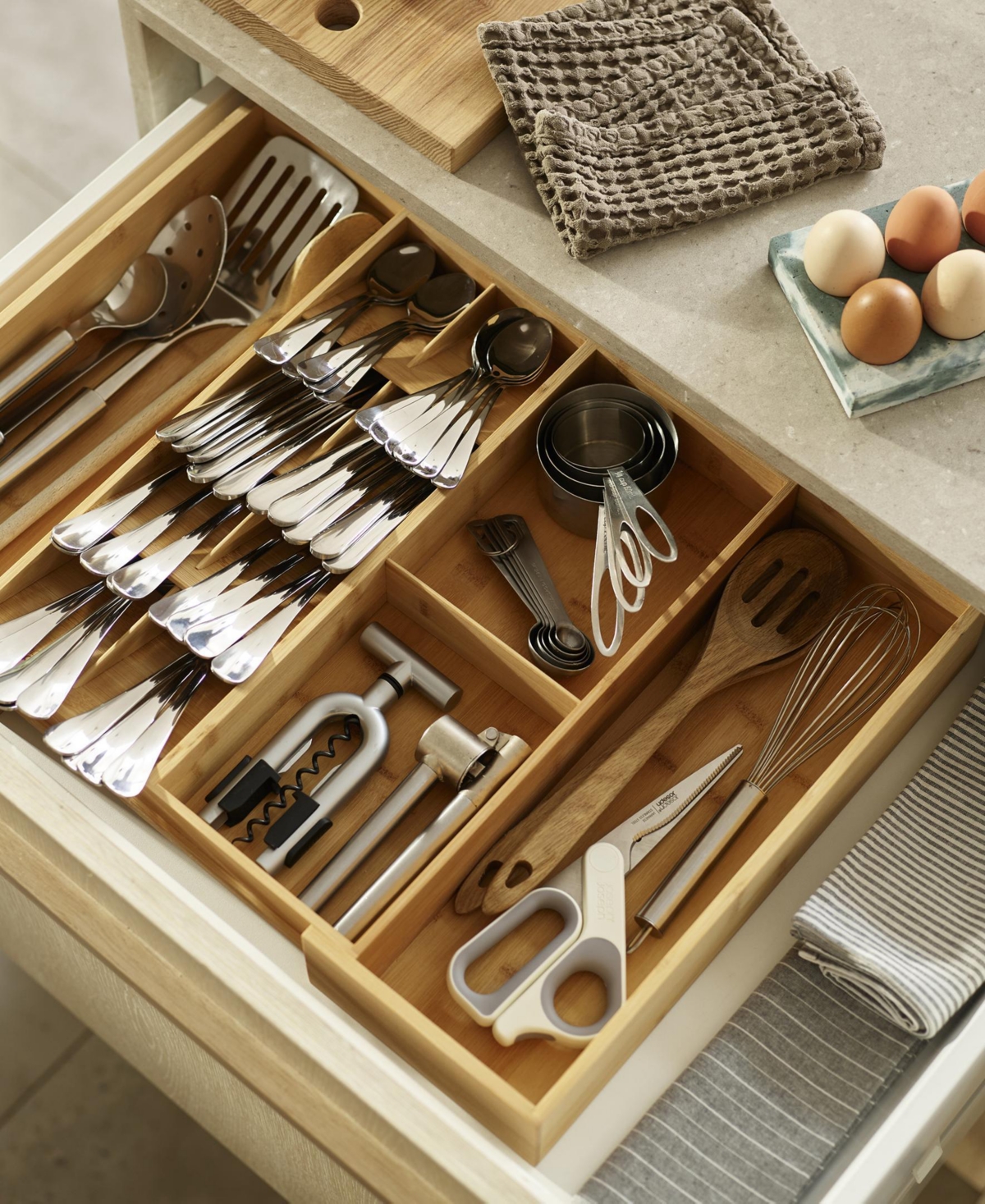 Joseph Joseph Drawerstore Bamboo Expandable Cutlery, Utensil & Gadget Organizer In Beige