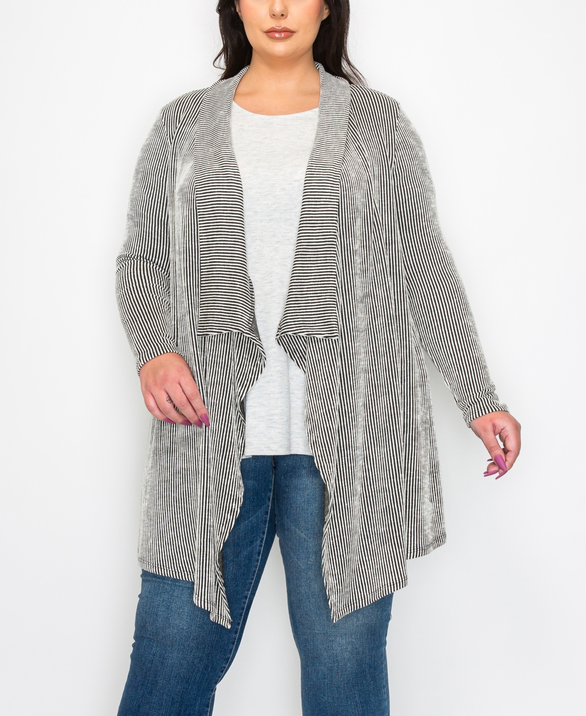 Shop Coin 1804 Plus Size Textured Rib Flyaway Cardigan Sweater In Black Ivory