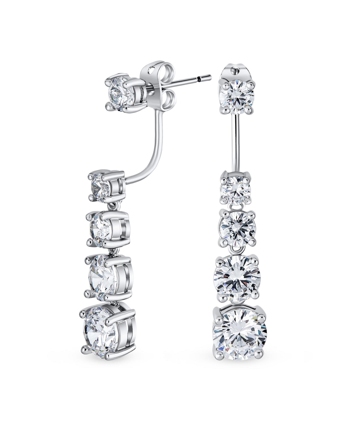 Modern Classic Bridal Graduated Cubic Zirconia Cz Drop Back And Front Stud Jacket Long Linear Earrings For Women - Clear