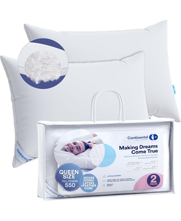 Continental Bedding Down Feather Down Pillows Standard Size Set of 2