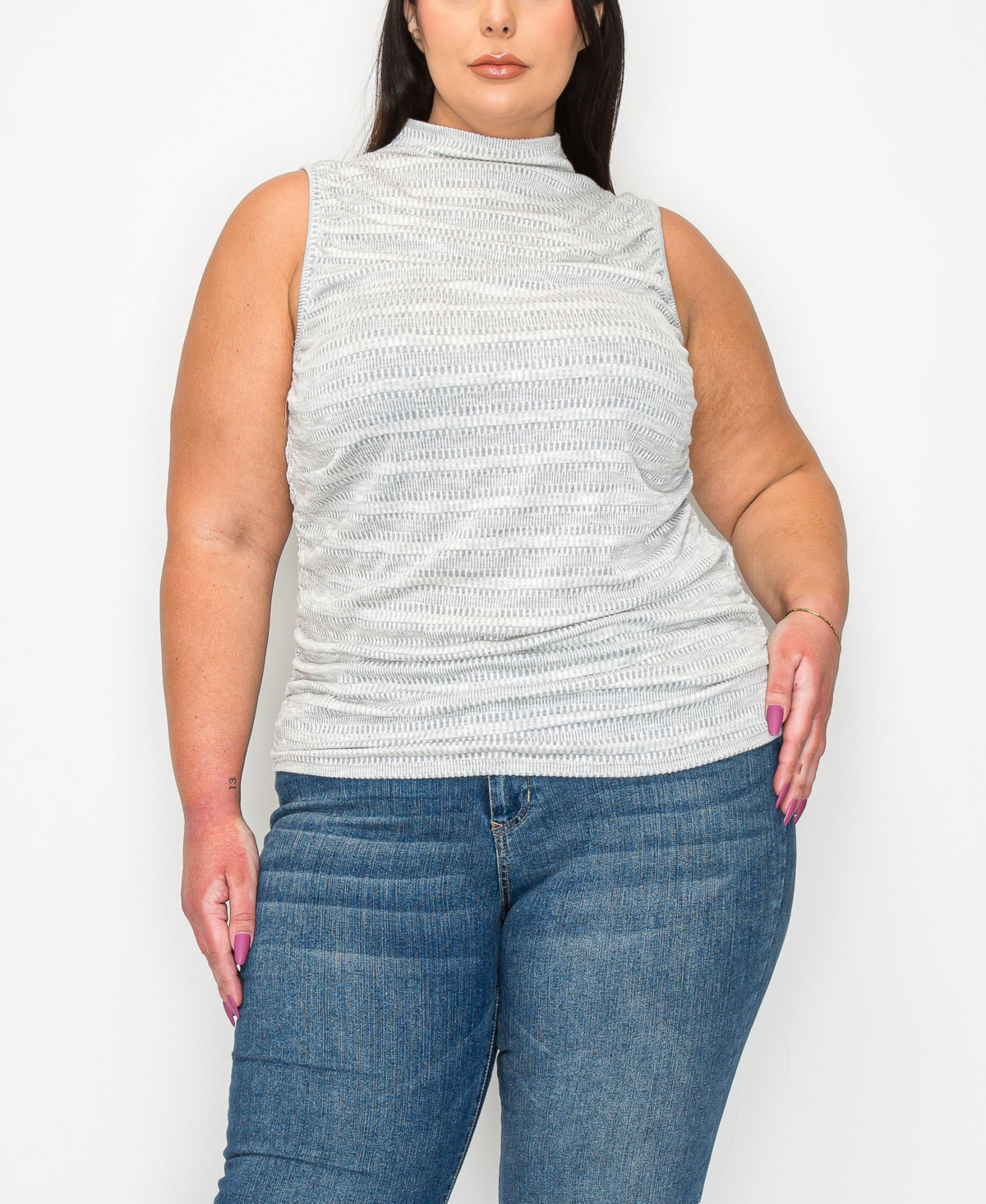 Shop Coin 1804 Plus Size Textured Jacquard Stripe Mock Neck Side Ruched Tank Top In Gray Ivory