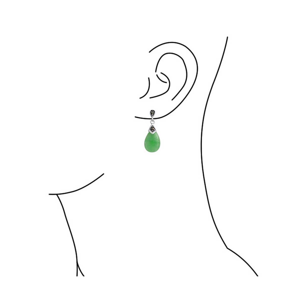 Bling Jewelry Bali Marcasite Accent Pear Shaped Chandelier Dangle Teardrop Green Natural Jade Drop Earrings For Women Two Tone Oxidized Sterling Silve