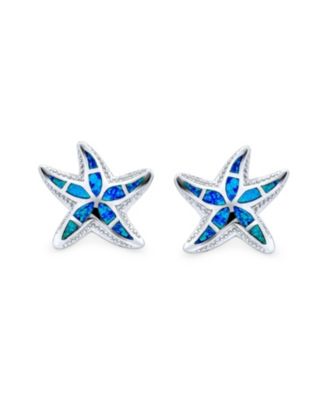 Large Nautical Hawaiian Tropical Beach Vacation Blue Inlay Synthetic Opal Starfish Stud Earrings Sterling Silver