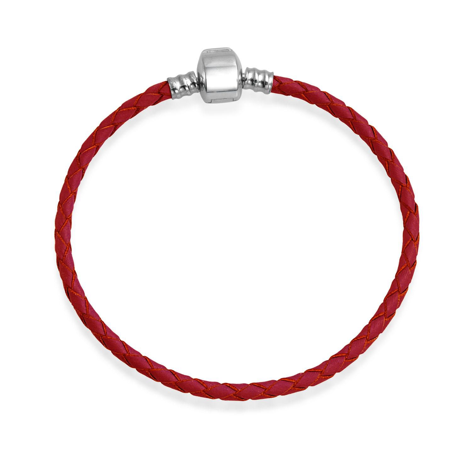 Red Weave Braided Leather Starter Charm Fits European Beads Bracelet .925 Sterling Silver Barrel Clasp