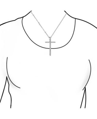 Cubic Zirconia Pave CZ Simple Long Cross Pendant Necklace Sterling Silver 1.75 In With Chain
