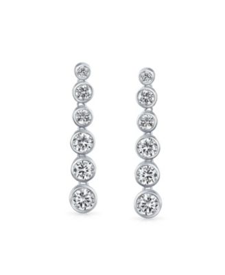 Elegant Sterling Silver CZ Linear Drop Earrings With Geometric Bubble Prom Cubic Zirconia In A Bezel Set Round Shape.