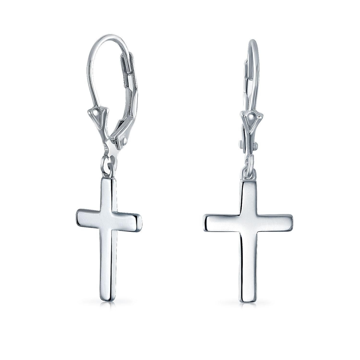 Religious Dangle Cross Earrings .925 Sterling Silver Lever back