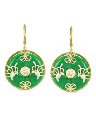 Asian Style Circle Disc Round Donut Good Fortune Green Jade Butterfly Drop Dangle Earrings Gold Plated Sterling Silver Lever Back