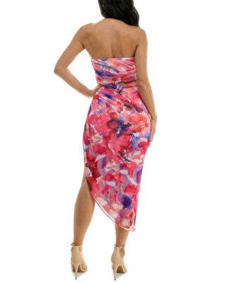 Juniors' Strapless Ruched Mesh Bodycon Midi Dress