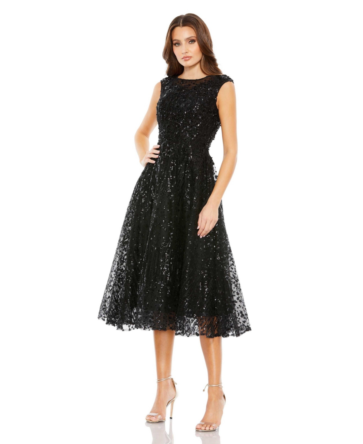 Women's Sequined Cap Sleeve Fit And Flare Dress - Black
