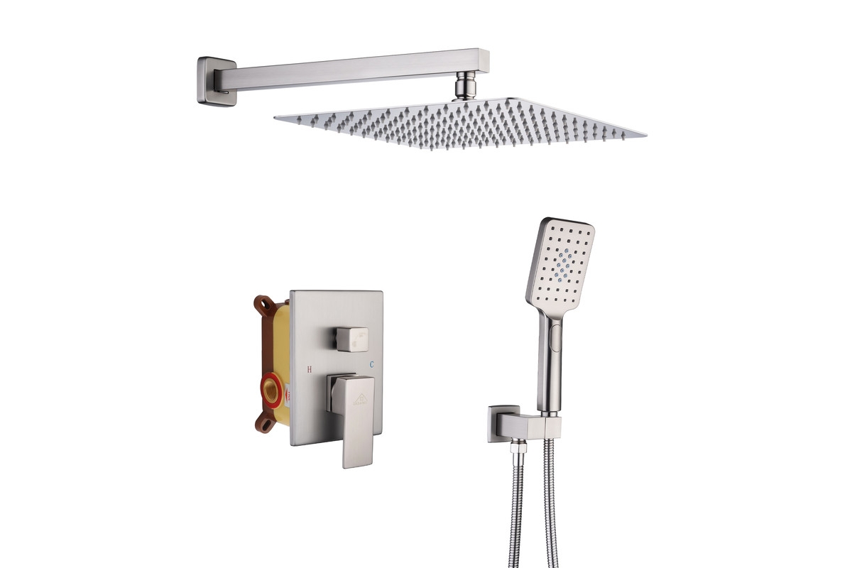 12" Inch Wall Mounted Square Shower System Set with Handheld Spray - Brushed nickel