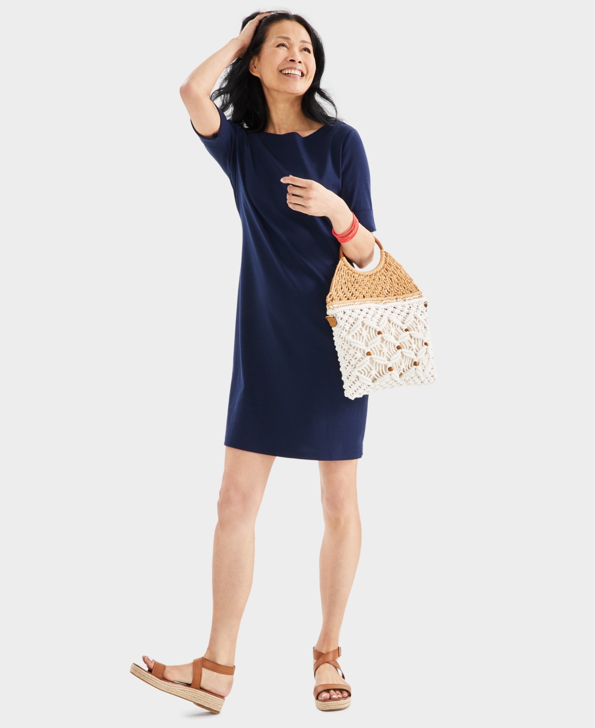 Style & Co Women's Cotton Boat-neck Elbow-sleeve Dress, Created For Macy's In Industrial Blue