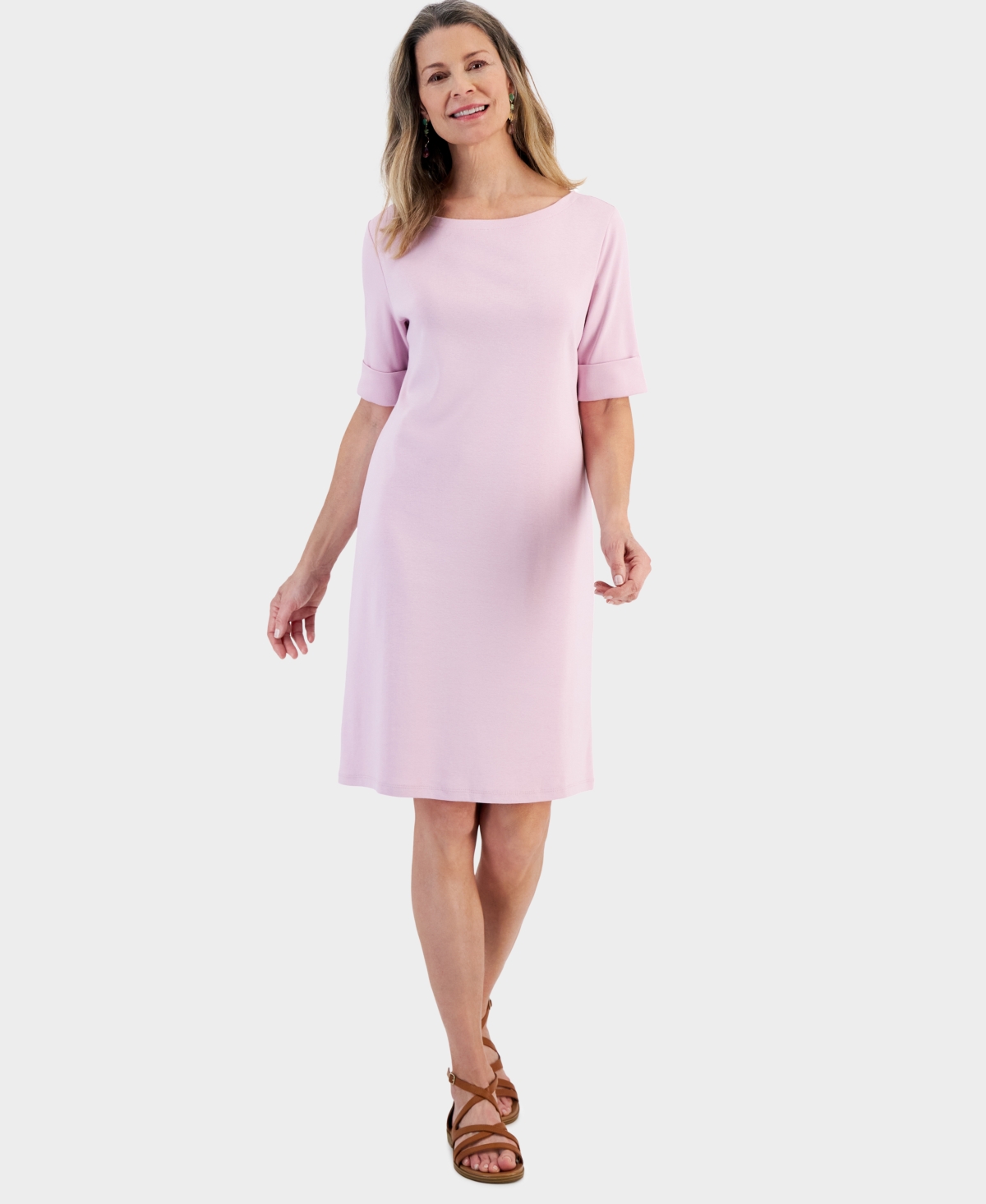 Style & Co Women's Cotton Boat-neck Elbow-sleeve Dress, Created For Macy's In Lilac