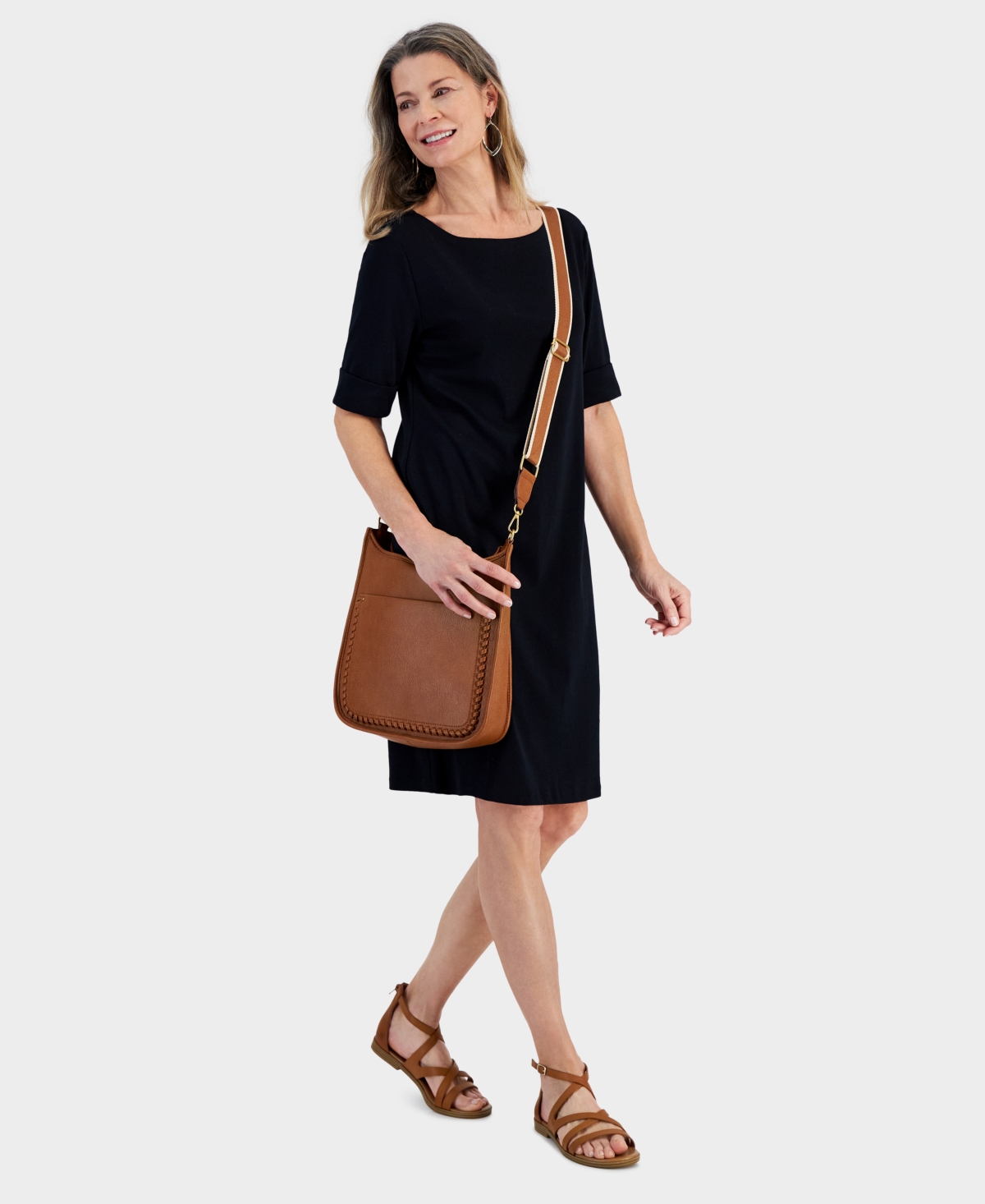 Style & Co Women's Cotton Boat-neck Elbow-sleeve Dress, Created For Macy's In Deep Black