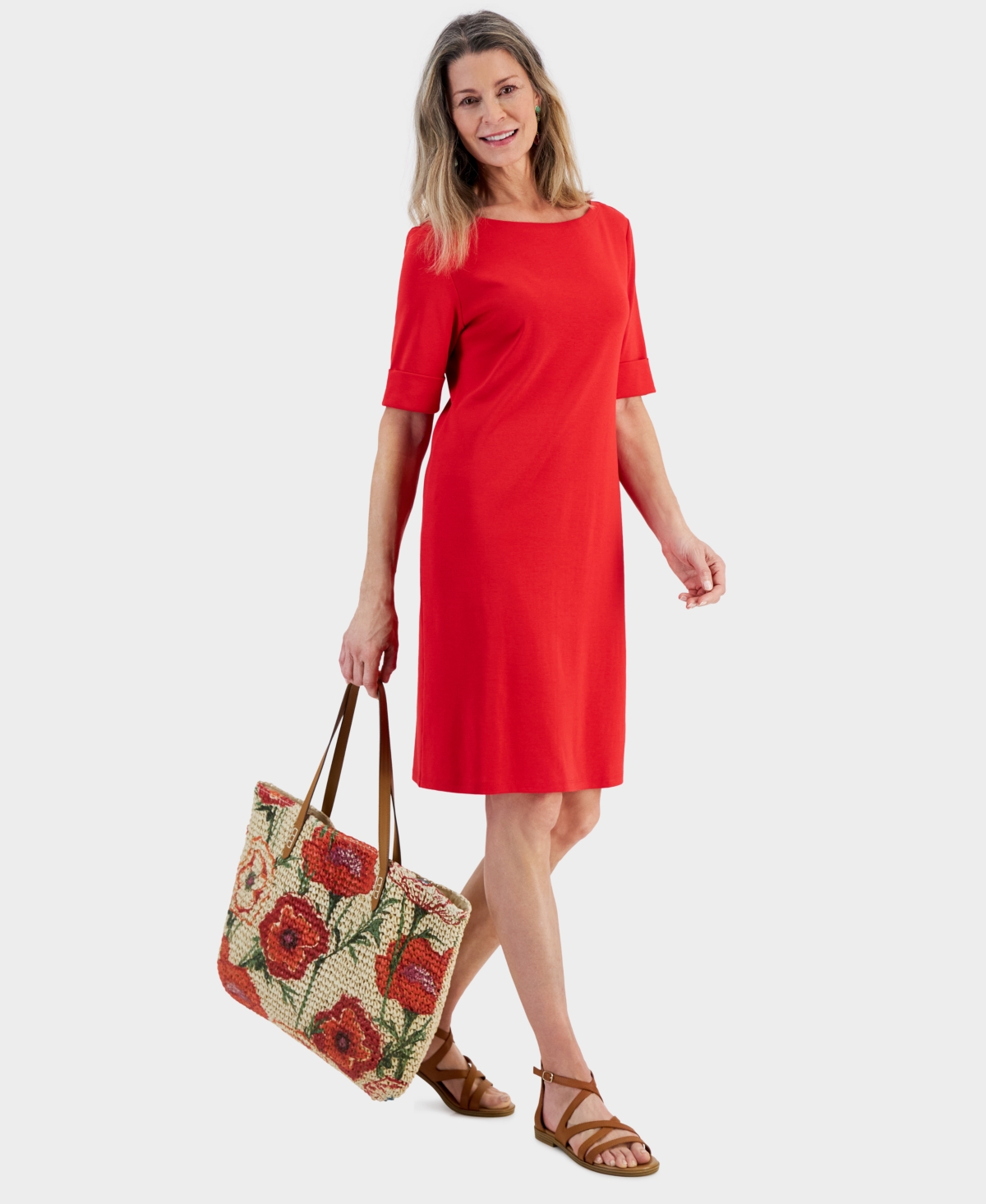Style & Co Women's Cotton Boat-neck Elbow-sleeve Dress, Created For Macy's In Gumball Red
