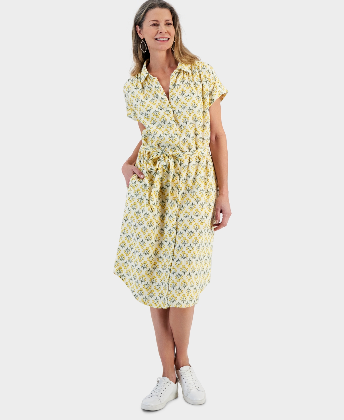 Women's Printed Cotton Gauze Shirtdress, Created for Macy's - Flower Yellow