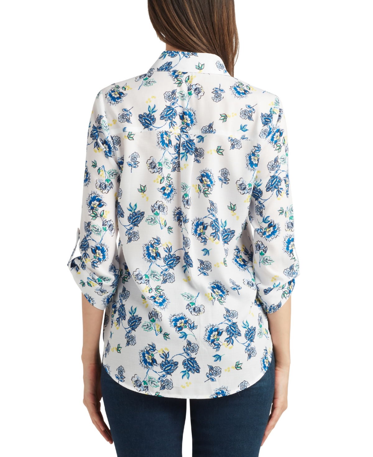 Shop Bcx Juniors' Printed Roll-tab Button-front Shirt In Blue Floral