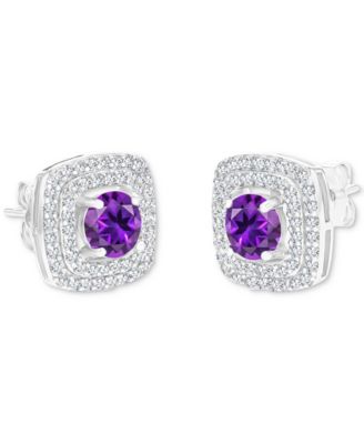 Gemstone & Lab-Grown White Sapphire (5/8 ct. t.w.) Square Halo Birthstone Stud Earrings in Sterling Silver