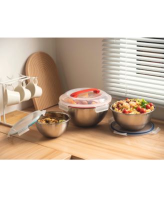 6 Pc Nesting Stainless Steel Mixing Bowl Set, W Lock Down Lids and Carry Handle