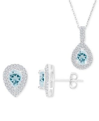 Macy's - 2-Pc. Set Aquamarine (2-1/4 ct. t.w.) & Lab-Grown White Sapphire (1 ct. t.w.) Teardrop Halo Pendant Necklace & Matching Stud Earrings in Sterling Silver