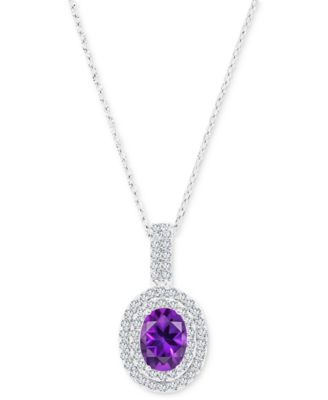Macy's - Amethyst (1-1/20 ct. t.w.) & Lab-Grown White Sapphire (1/2 ct. t.w.) Oval Halo Birthstone Pendant Necklace in Sterling Silver, 16" + 2" extender (Also in Additional Birthstones)