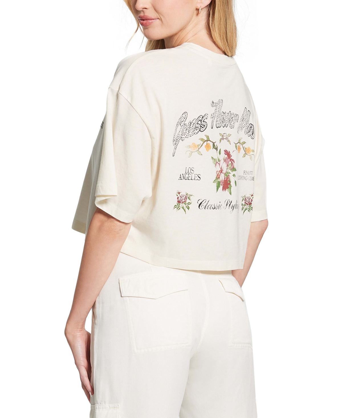 Shop Guess Women's Flower Market Embellished Cropped T-shirt In Pearl White