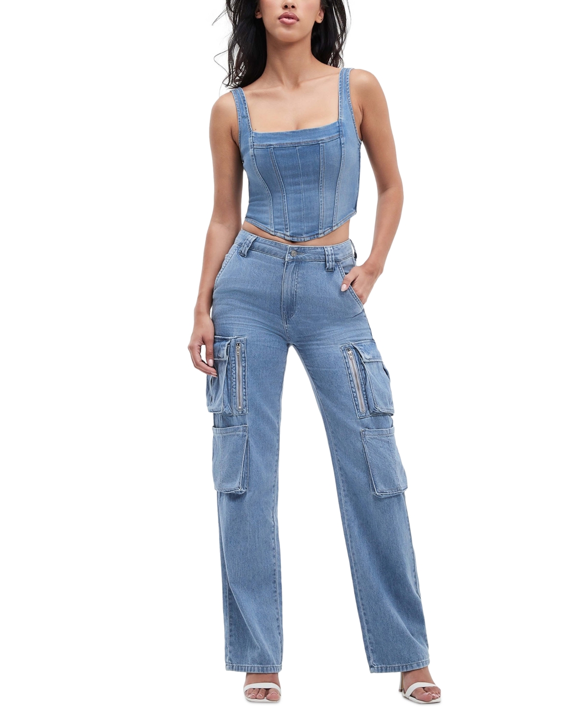 Shop Guess Women's Kori High Rise Wide Leg Cotton Cargo Jeans In June Lake