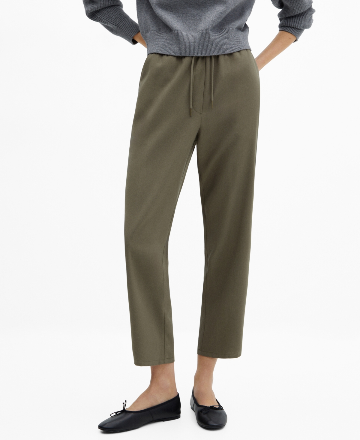 Shop Mango Women's Flowy Bow Detail Straight-fit Pants In Khaki