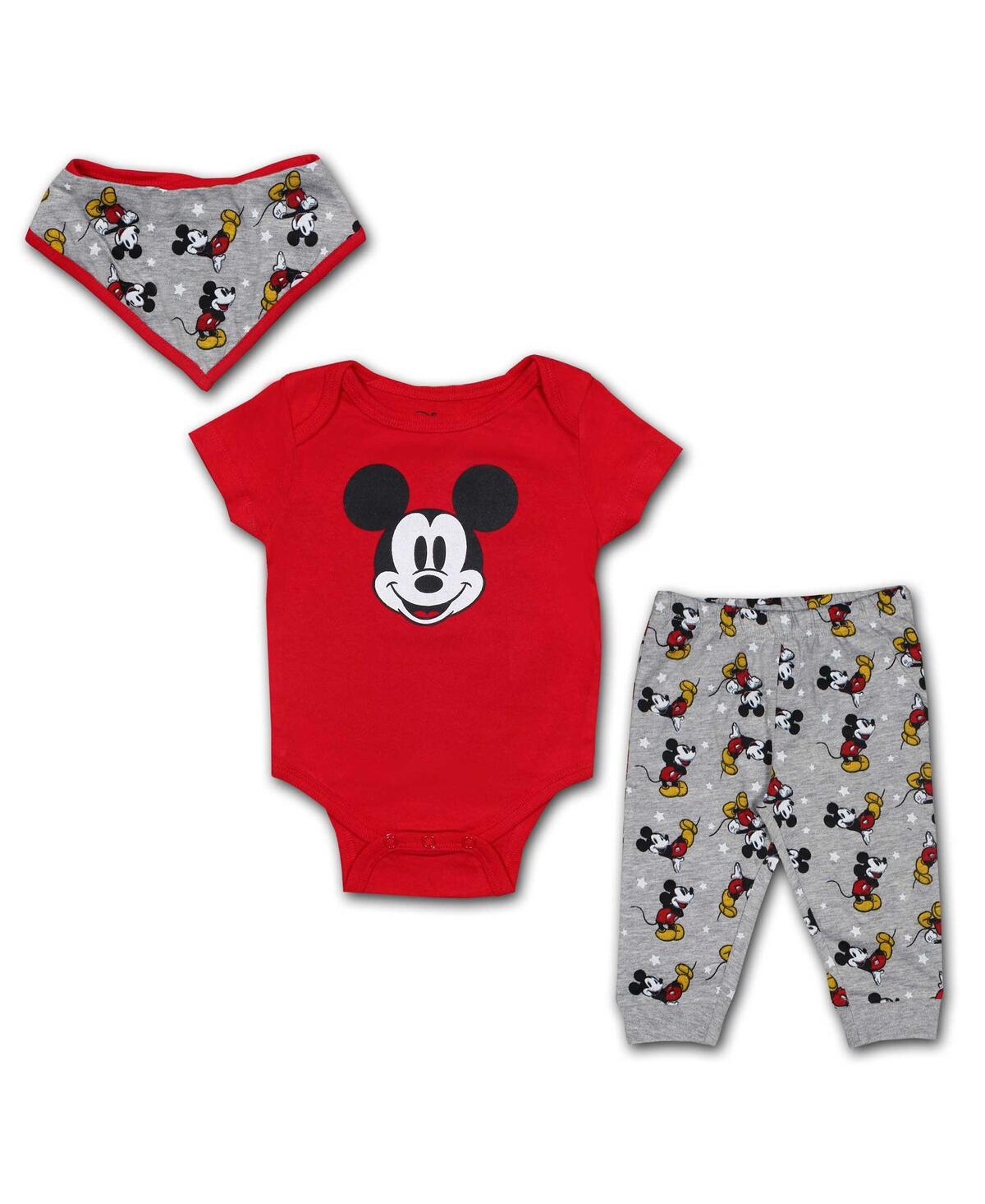 Shop Children's Apparel Network Baby Boys And Girls Red Mickey & Friends Bodysuit, Bib And Jogger Set