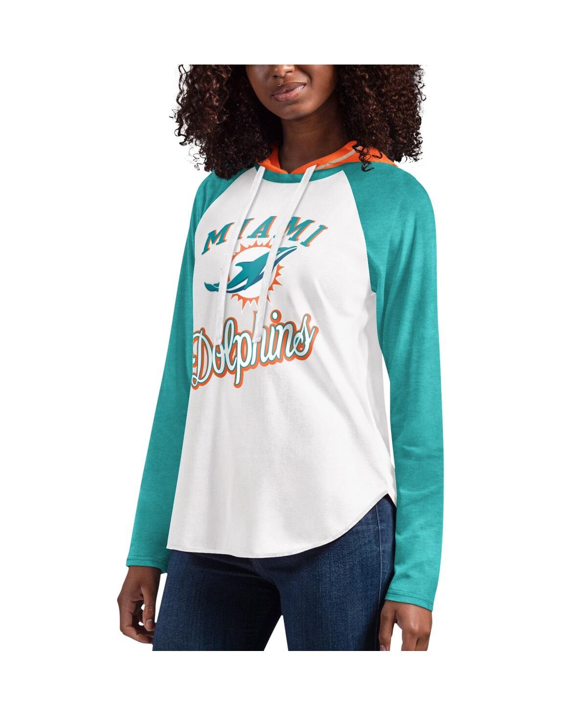 Shop G-iii 4her By Carl Banks Women's  White Miami Dolphins Mvp Raglan Hooded Long Sleeve T-shirt
