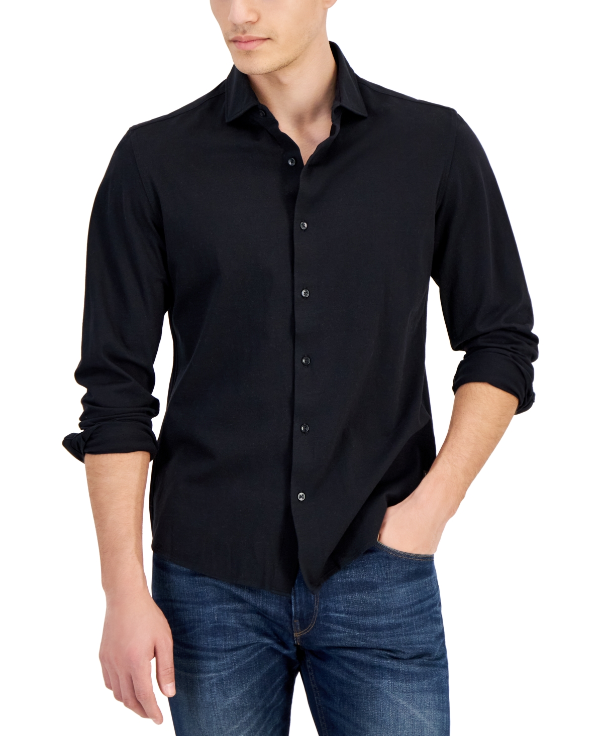 Michael Kors Men's Slim-fit Stretch Pique Button-down Shirt In Black