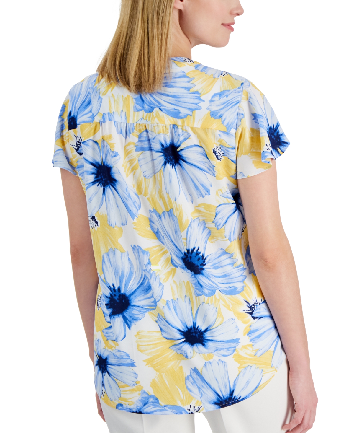 Ak Anne Klein Petite Floral Print Pleat-Front Flutter-Sleeve Top -Yellow Multi