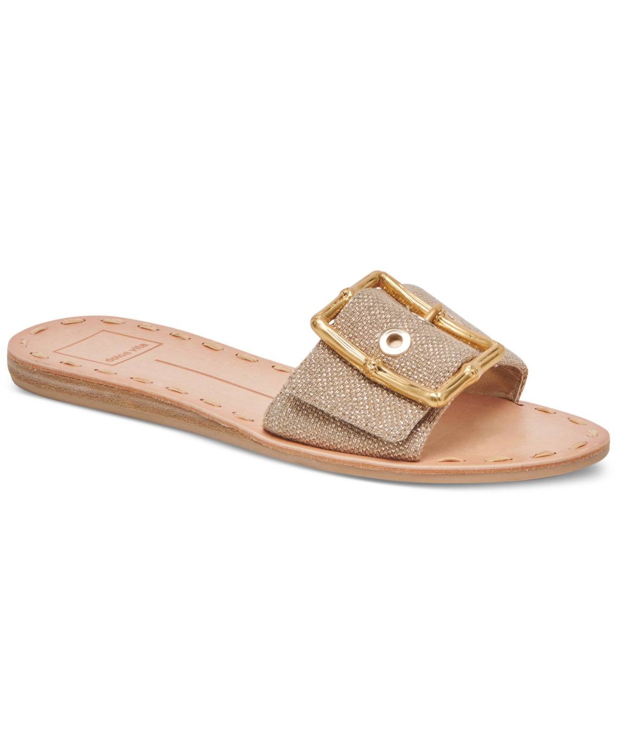 Shop Dolce Vita Women's Dasa Buckle Detailed Slide Flat Sandals In Light Gold Raffia