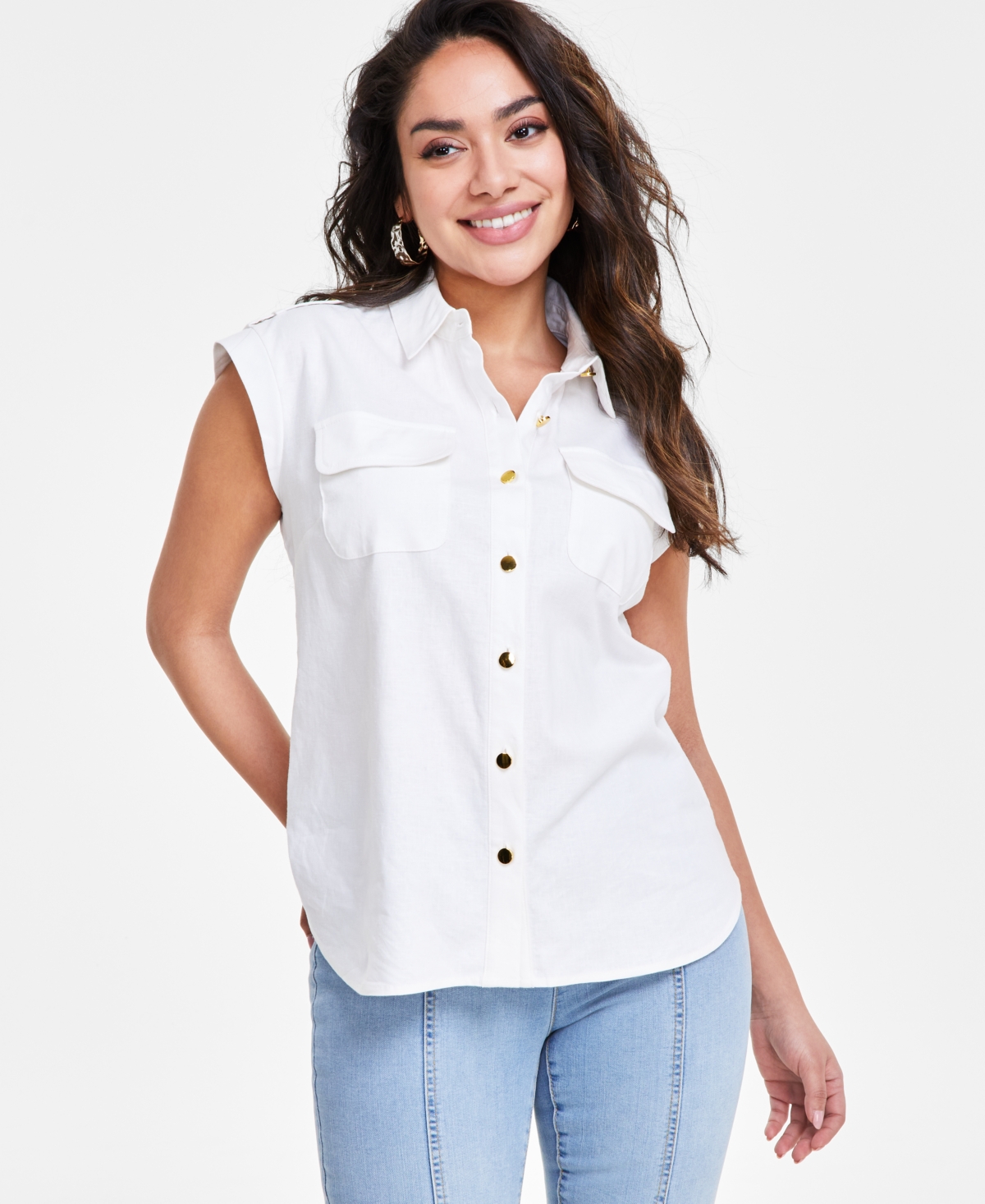 Inc International Concepts Petite Linen Sleeveless Utility Shirt, Created For Macy's In Bright White