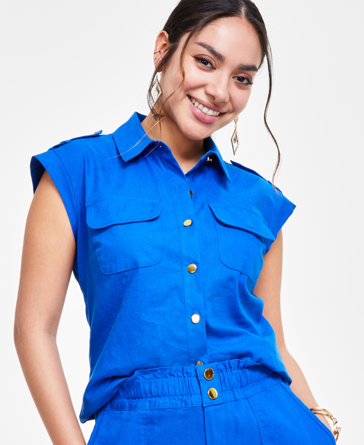 Shop Inc International Concepts Petite Sleeveless Utility Shirt, Created For Macy's In Intense Cobalt
