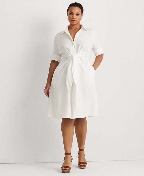 alfani Lauren Ralph Lauren Plus-Size 100% Linen Shirtdress Women's Fashion Shoes & Accessories