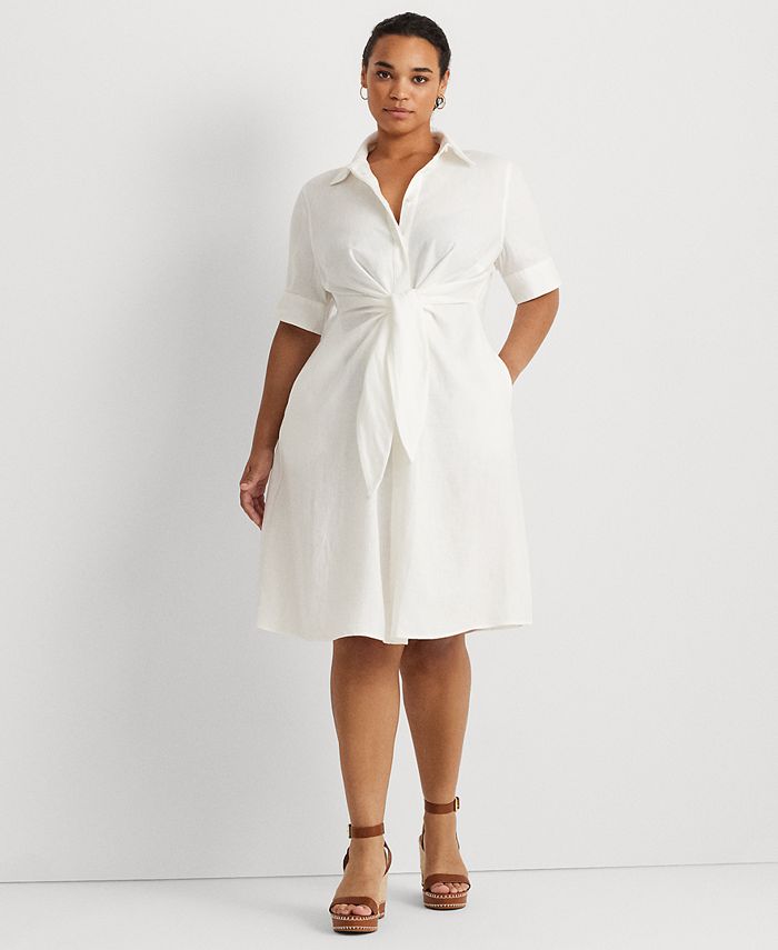 Lauren Ralph Lauren Women's Plus Size Linen Shirt Dress, White, 16W
