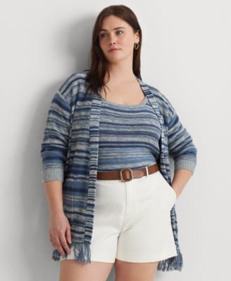 Lauren Ralph Lauren - Plus Size Linen-Blend Belted Fringe-Trim Cardigan