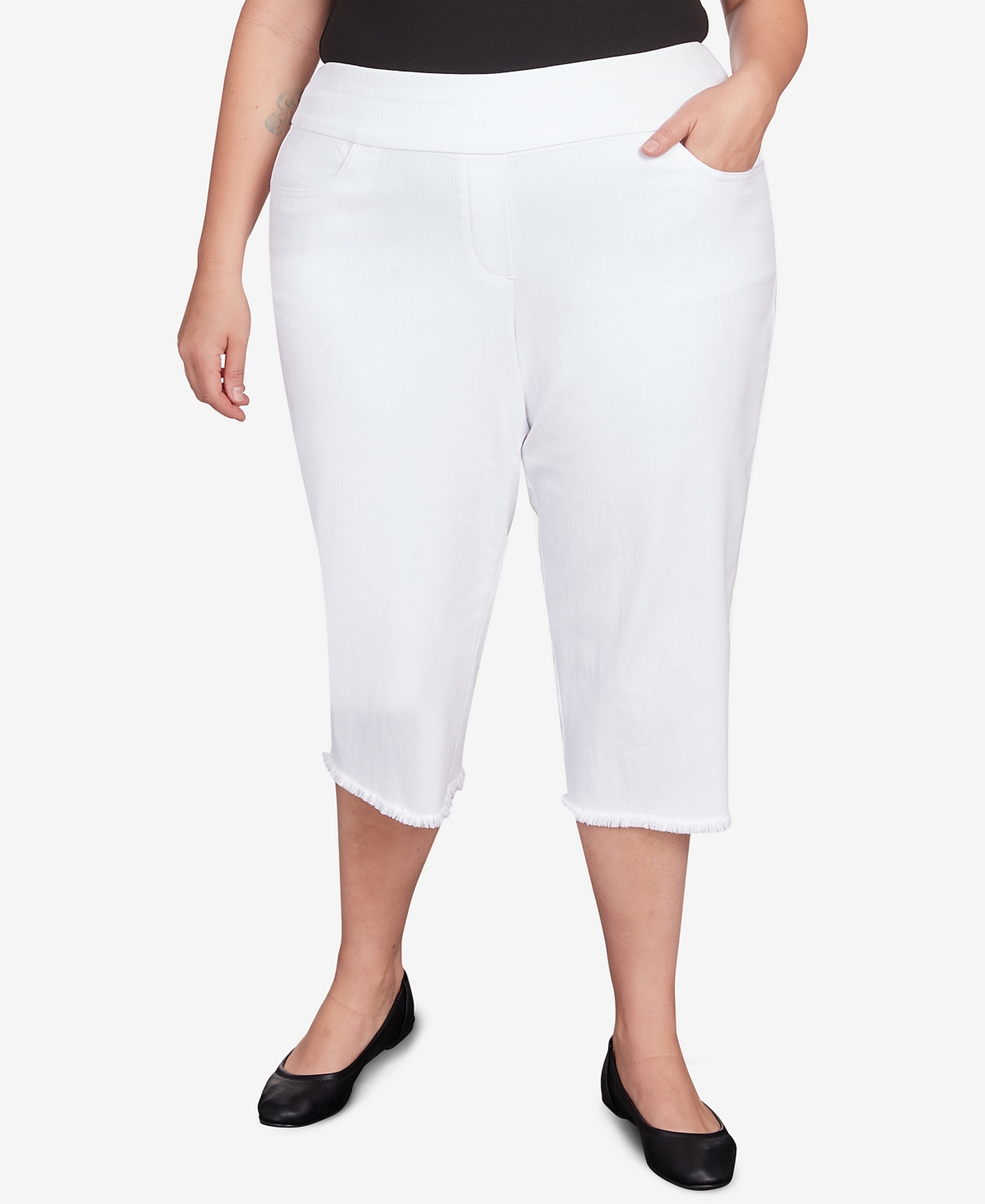 Shop Alfred Dunner Plus Size Classic Neutrals Superstretch Denim Fringe Capri Pants In White