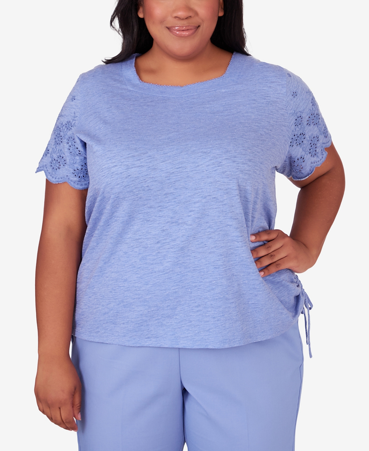 Alfred Dunner Plus Size Summer Breeze Solid Top With Necklace And Side Ruching In Lilac