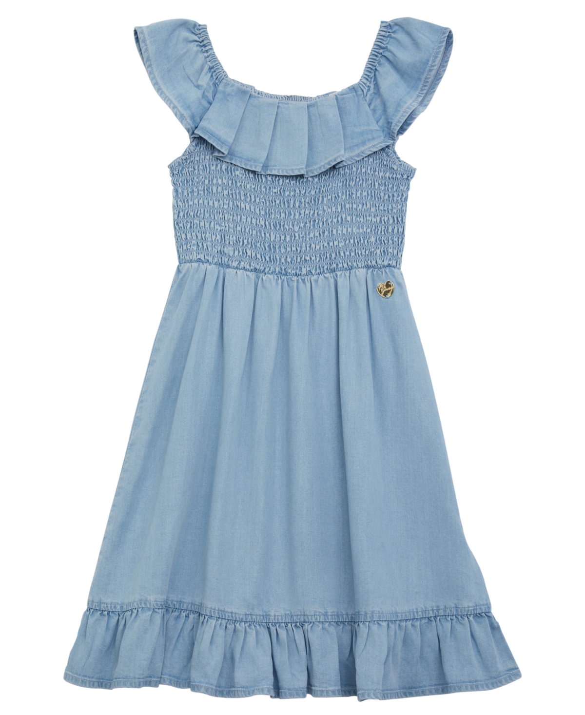 Guess Kids' Big Girls Smocked Elastic Bodice Denim Dress In Summer Cloud Light Blue Wash