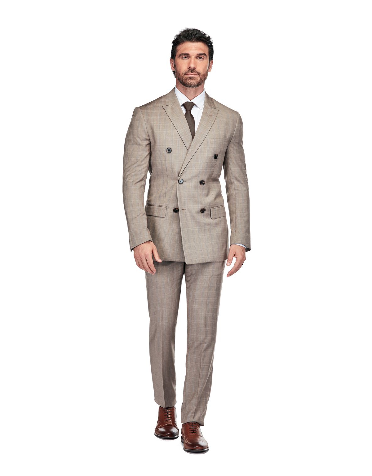 Slim Fit 2PC Brown Check Double Breasted Suit - Light brown