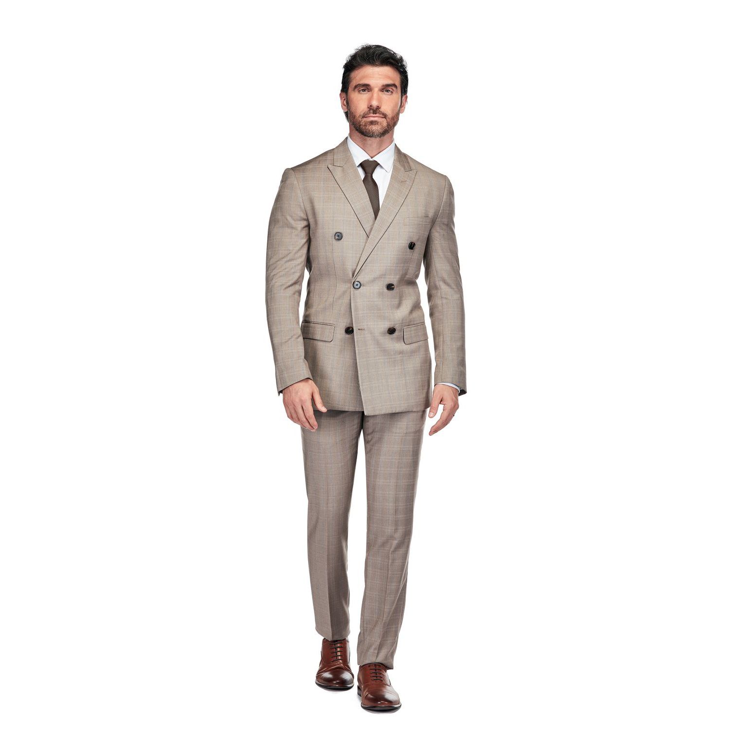 Men's 2 Piece Slim Fit Brown Check Double Breasted Suit