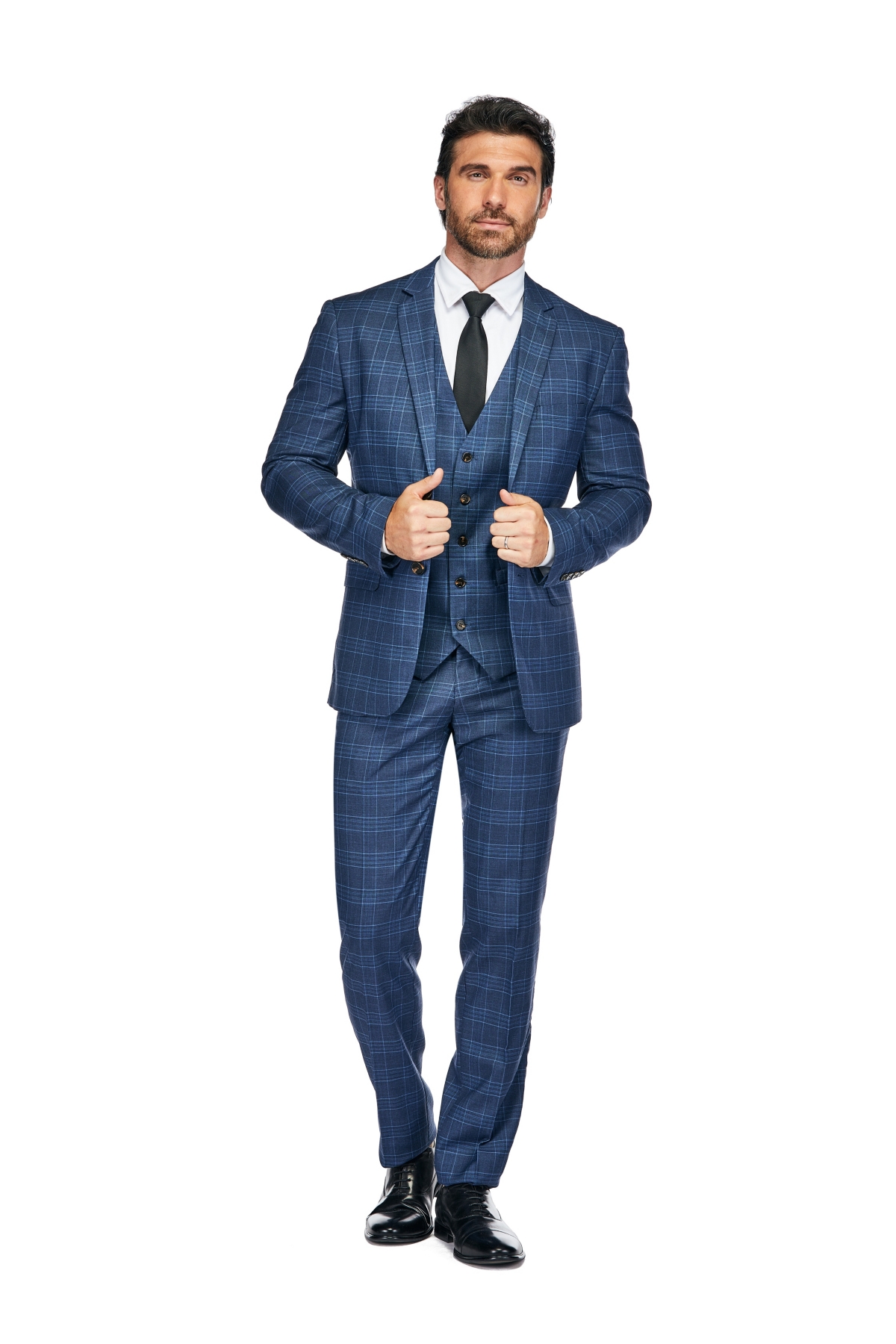 Slim Fit 3PC Check Men's Suit - Ink blue