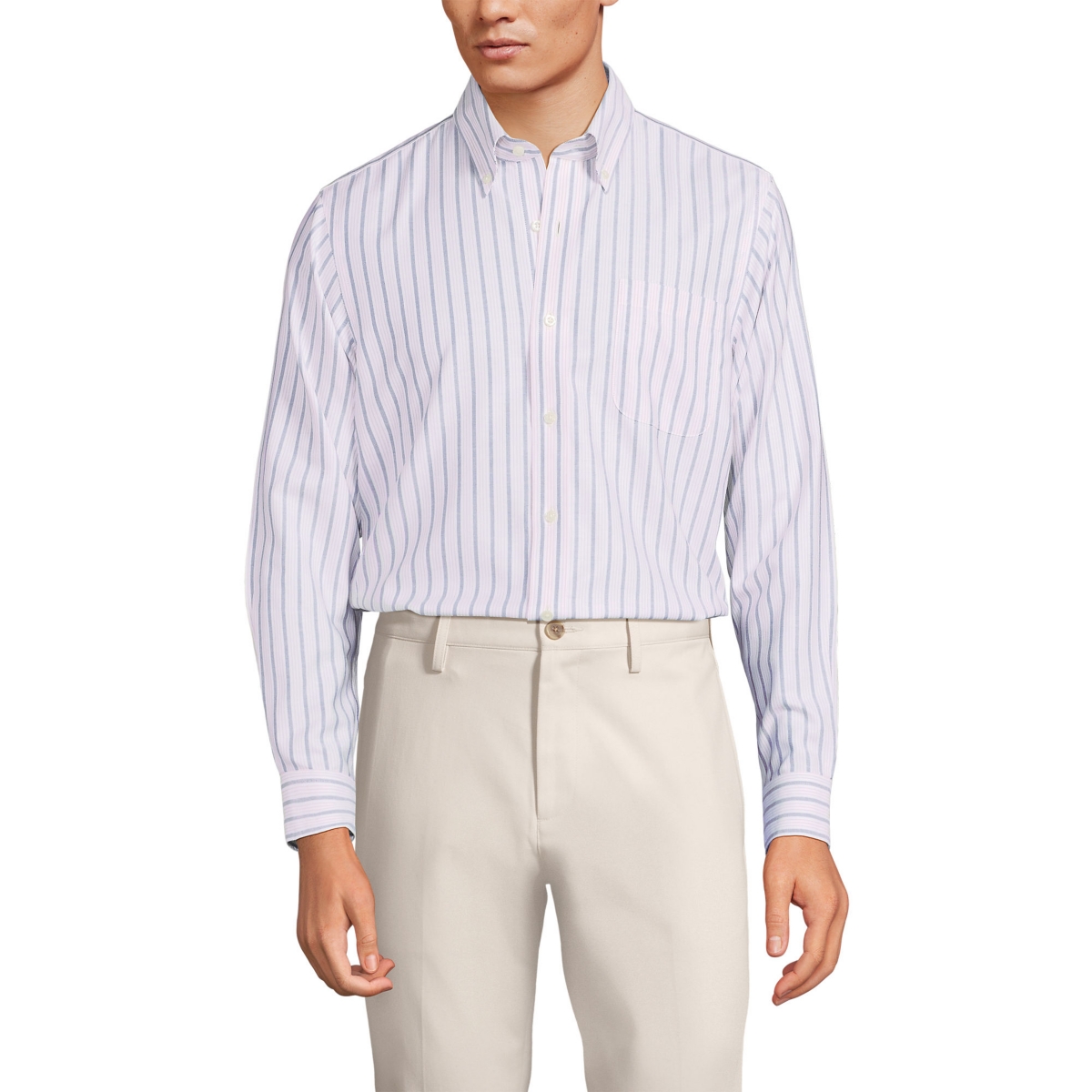 Men's Tailored Fit No Iron Pattern Supima Cotton Oxford Dress Shirt - Evening blue/pink stripe