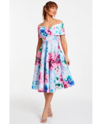 QUIZ Women's Scuba Floral Bardot Skater Midi Dress - Macy's