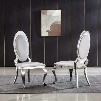 Leatherette Dining Chair Set (2) with Oval Backrest, Steel Legs
